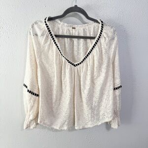 Free People Cream Darcy Eyelet Blouse with Black Trim small peasant